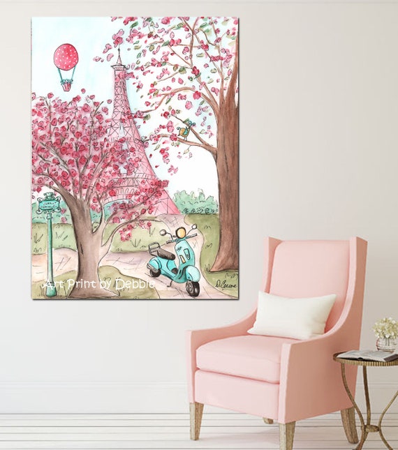 Eiffel Tower Canvas Pink Girls French Bedroom Decor Cherry Etsy