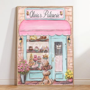May include: A pastel pink and blue storefront with a sign that reads "Olivia's Patisserie". The storefront has a large window display filled with colorful pastries and cakes. A small dog is standing in front of the store.