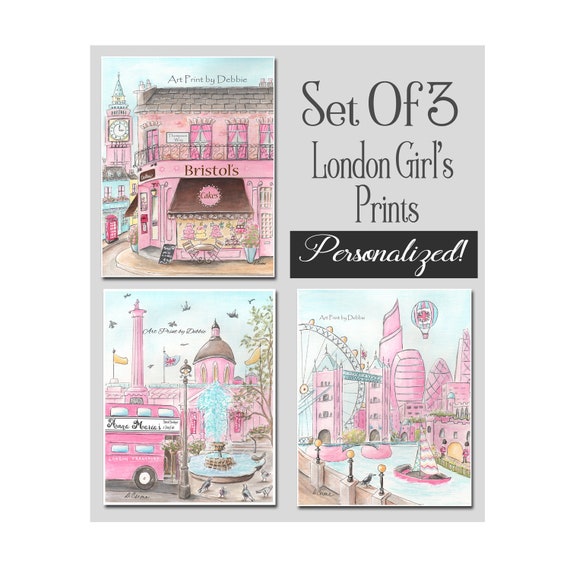 Pink London Personalized Wall Art For Girls Travel Themed Nursery Room Bedroom Set Of 3 Fine Art Giclee Watercolor Prints By Debbie Cerone