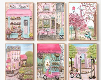 Paris Watercolor Prints Personalized, Set Of 6 Posters For Girls Room, French Wall Art, Toddler Girl First Birthday Gift, Nursery Wall Art