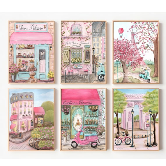 Paris Watercolor Prints Personalized, Set Of 6 Posters For Girls Room, French Wall Art, Toddler Girl First Birthday Gift, Nursery Wall Art