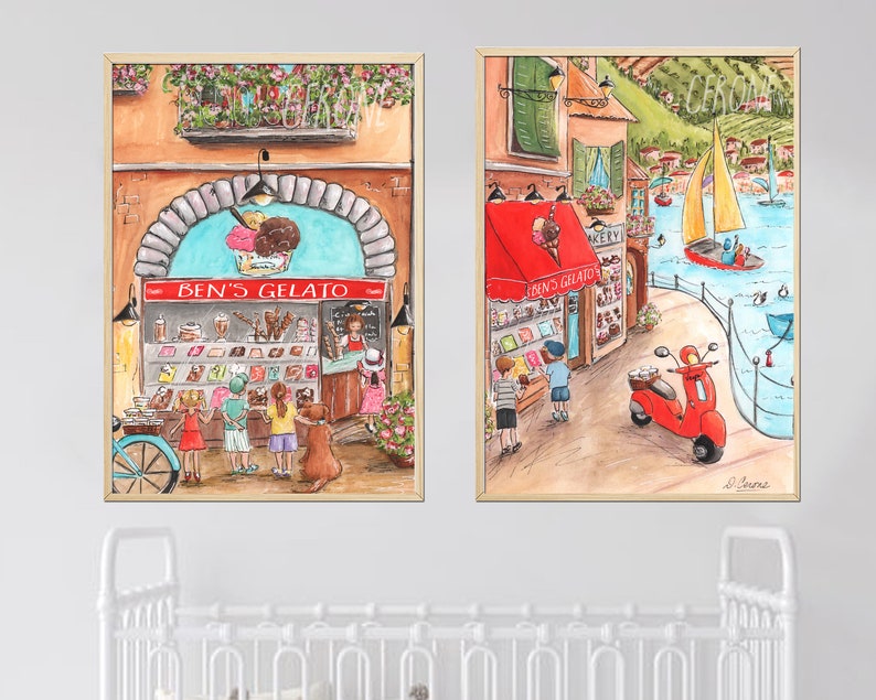 Gelato Ice Cream Posters, Personalized Italian Kids Room Decor, Set Of 2 Ice Cream Prints, Italy Coast Painting, Colorful, Red Kitchen Art image 7