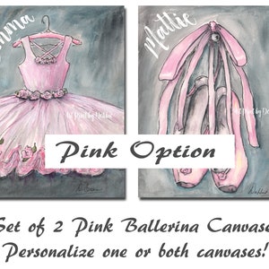 Personalized Ballet Canvas Wall Art, Set Of 2 Canvases, Girls Room Dance Theme Decor, Blush Pink Nursery For Little Ballerina, Pink Option image 3