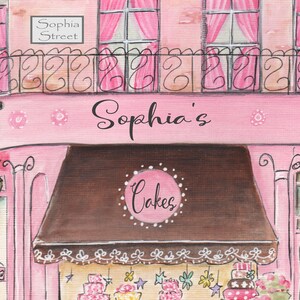 May include: A pink storefront with a brown awning that says "Sophia's Cakes". The storefront has a sign that says "Sophia Street" and a window with pink curtains. There are cakes in the window display.