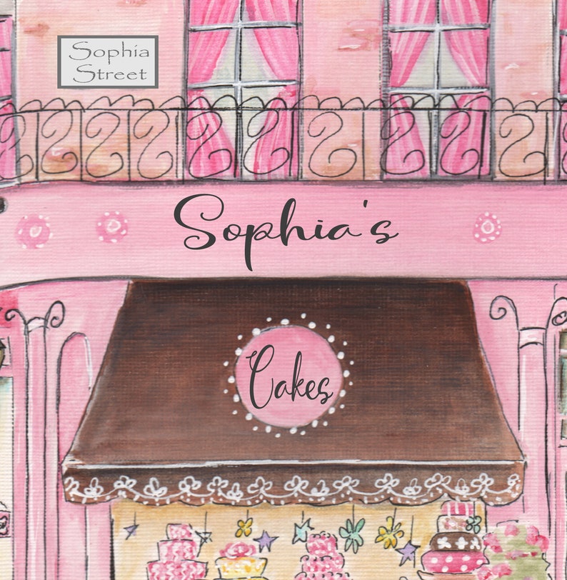 May include: A pink storefront with a brown awning that says "Sophia's Cakes". The storefront has a sign that says "Sophia Street" and a window with pink curtains. There are cakes in the window display.