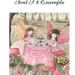 K&ouml;nnte beinhalten: Aquarellillustration von zwei Feen bei einer Teeparty in einem skurrilen Garten. Die Szene zeigt einen rosa Tisch mit dem Text "Emma's Tea Party", Pilze, Blumen und einen Wald im Hintergrund. Der Text "Font F 5 Example" befindet sich oben.