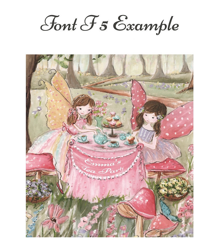 K&ouml;nnte beinhalten: Aquarellillustration von zwei Feen bei einer Teeparty in einem skurrilen Garten. Die Szene zeigt einen rosa Tisch mit dem Text "Emma's Tea Party", Pilze, Blumen und einen Wald im Hintergrund. Der Text "Font F 5 Example" befindet sich oben.