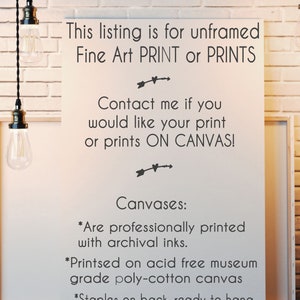 Op de afbeelding: Een wit canvas met zwarte tekst. De tekst luidt: "Deze aanbieding is voor ongeremde Fine Art PRINT of PRINTS. Neem contact met me op als je je print of prints OP CANVAS wilt!" Verdere tekst beschrijft de canvasfuncties.