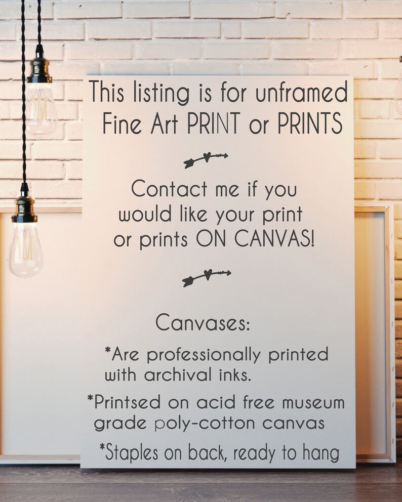 Op de afbeelding: Een wit canvas met zwarte tekst. De tekst luidt: "Deze aanbieding is voor ongeremde Fine Art PRINT of PRINTS. Neem contact met me op als je je print of prints OP CANVAS wilt!" Verdere tekst beschrijft de canvasfuncties.