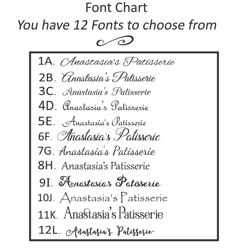 Op de afbeelding: Een lettertypekaart met 12 verschillende lettertype-opties, elk met de tekst "Anastasia's Patisserie" in een andere stijl. De kaart bevat ook de tekst "Font Chart" en "You have 12 Fonts to choose from".