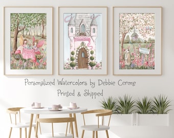 Fairy Wall Art Gepersonaliseerde kinderkamerdecoratie, betoverde tuinprints, prinseskasteel, blush roze vintage sprookjesdecor, peutermeisjeskamer