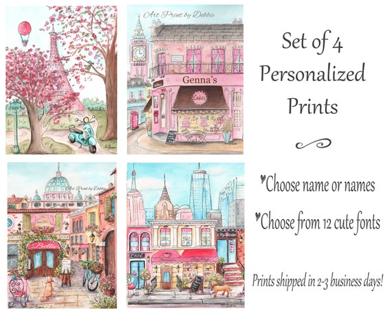 Paris London Rome New York Set Of 4 Unframed Fashion City Prints Personalized For Girl S Travel Themed Bedroom Decor 6 Sizes Pink