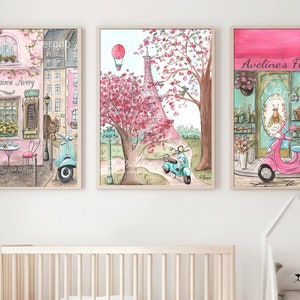 French Nursery Prints, Paris Wall Art, Set Of 3, Parisian Travel Themed Nursery Decor, Personalized Prints For Girls Room, Toddler Girl Gift