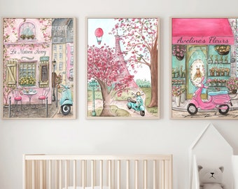 French Nursery Prints, Paris Wall Art, Set Of 3, Parisian Travel Themed Nursery Decor, Personalized Prints For Girls Room, Toddler Girl Gift