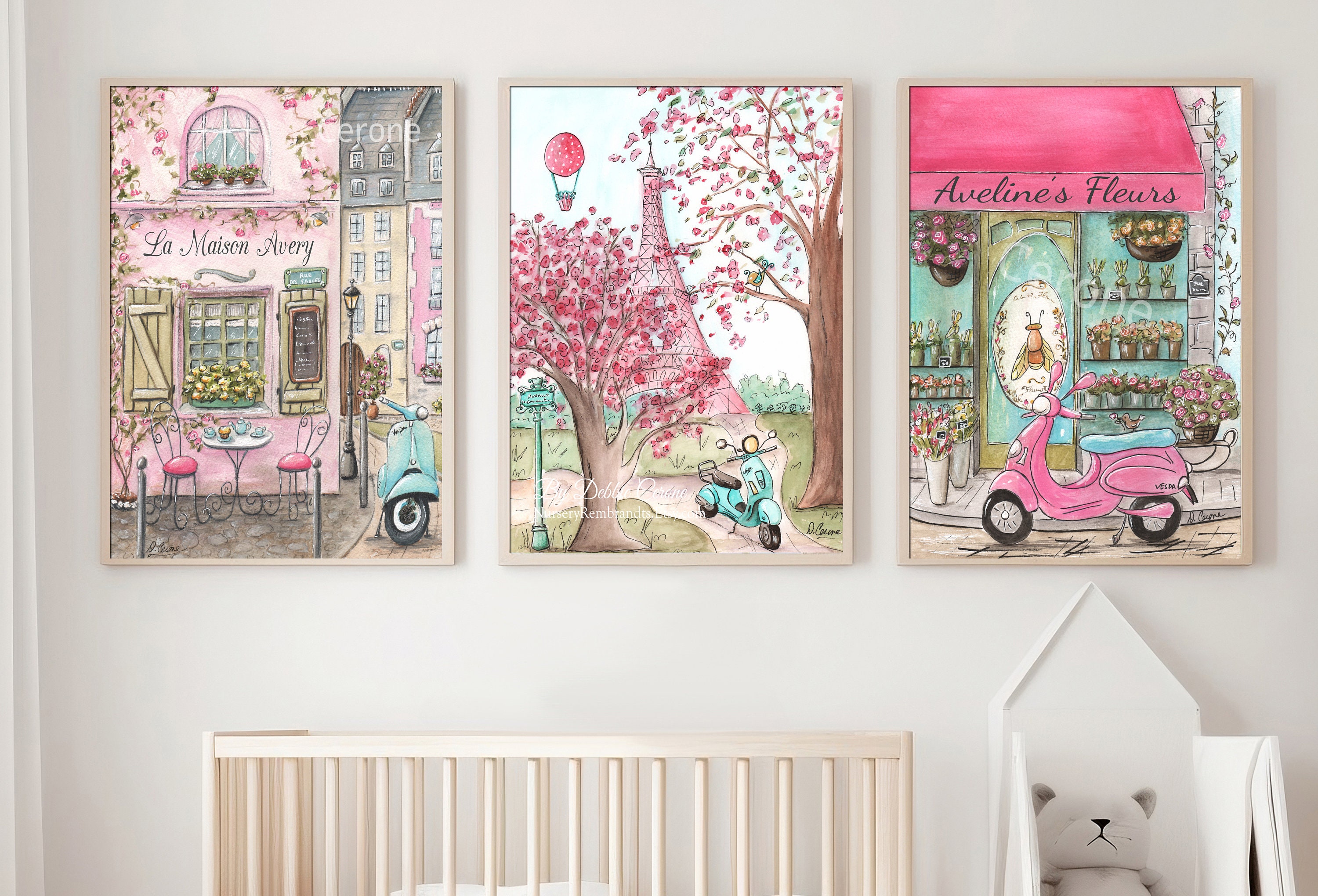 French Nursery Prints, Paris Wall Art, Set Of 3, Parisian Travel Themed Nursery Decor, Personalized Prints For Girls Room, Toddler Girl Gift