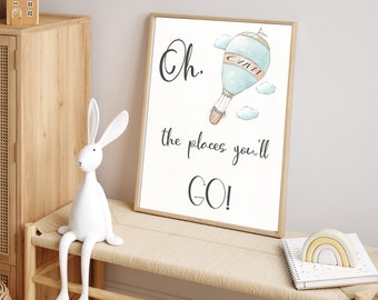 Personalized Baby Name, Inspirational Quote Wall Art For Travel Theme Nursery, Oh the places you'll go, Adventure Print, Hot Air Balloon