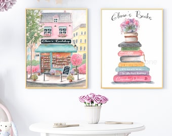Set Of 2 PERSONALIZED Book Store Art Prints, Girl Book Art, Unique Gift For little Girl, Girls Playroom, Bookworm Gift, Stack Of Books Print