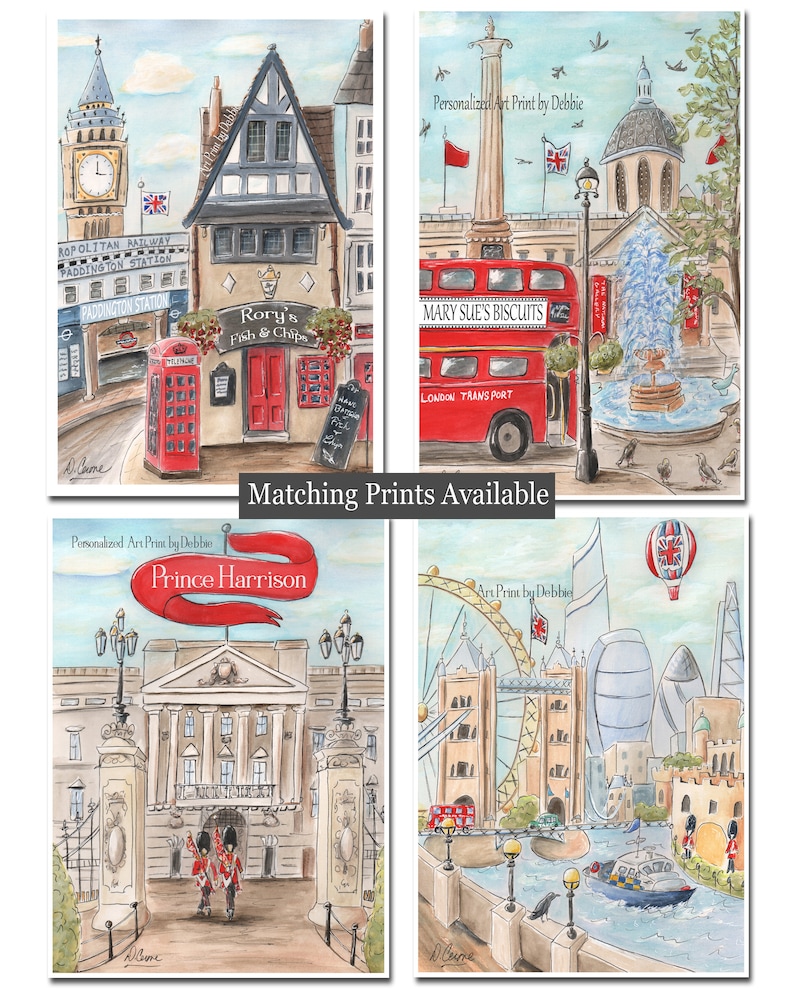 Puede incluir: Un conjunto de cuatro acuarelas que representan monumentos emblem&aacute;ticos de Londres. La primera pintura muestra un autob&uacute;s de dos pisos rojo frente a un edificio con el texto "MARY SUE'S BISCUITS". La segunda pintura muestra una cabina telef&oacute;nica roja y un edificio con el texto "Rory's Fish & Chips". La tercera pintura muestra un edificio con el texto "Prince Harrison". La cuarta pintura muestra el Tower Bridge y el London Eye.