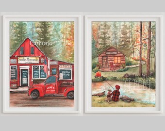 Adventure Kids Room Decor, Red Farmhouse Truck Decor, Personalized Kids Art, Rustic Cabin Prints, Set Of 2, Girl Fishing or Boy Fishing