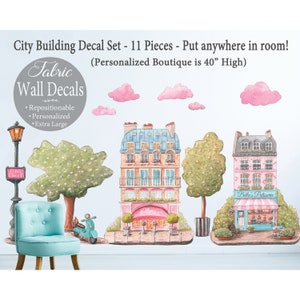 Personalized Village Wall Mural Fabric Decals, 11 Pc Set, Cute Building Decals, City Wall Art, Custom French Patisserie, Large Storefront