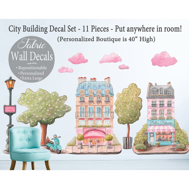 Personalized Village Wall Mural Fabric Decals, 11 Pc Set, Cute Building ...