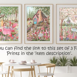 Fairy Tale Art For Girls Room, Fairy Tea Party Birthday Gift For Toddler Girl, Pink And Green Fantasy Nursery Decor Personalized Nursery Art image 10