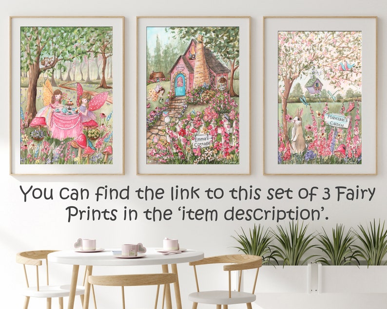 Fairy Tale Art For Girls Room, Fairy Tea Party Birthday Gift For Toddler Girl, Pink And Green Fantasy Nursery Decor Personalized Nursery Art image 10