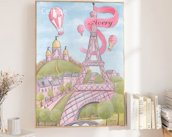 Pink Eiffel Tower Paris Themed Baby Shower Gift Idea, Custom Baby Name, Paris Bedroom Decor, Personalized Paris Decor, 6 Sizes 5x7 to 24x36