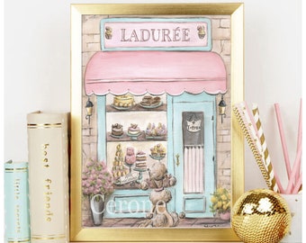 Personalized Laduree Print, Blush Parisian Girls Room Decor, Vintage Paris Wall Art, French Patisserie Watercolor, Shabby Chic, Paris Poster