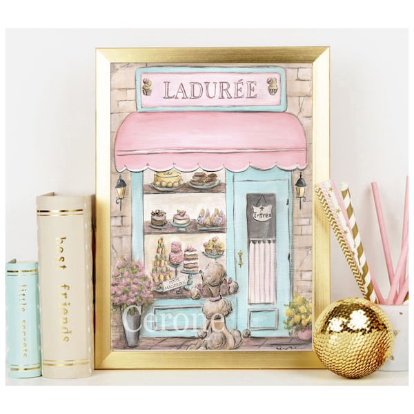 Personalized Laduree Print, Blush Parisian Girls Room Decor, Vintage Paris Wall Art, French Patisserie Watercolor, Shabby Chic, Paris Poster