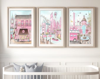 London Prints For Girls Bedroom, Set of 3, London Gift, Personalized Travel Themed Girl Baby Shower Gift, Peggy Porschen, Skyline Big Ben