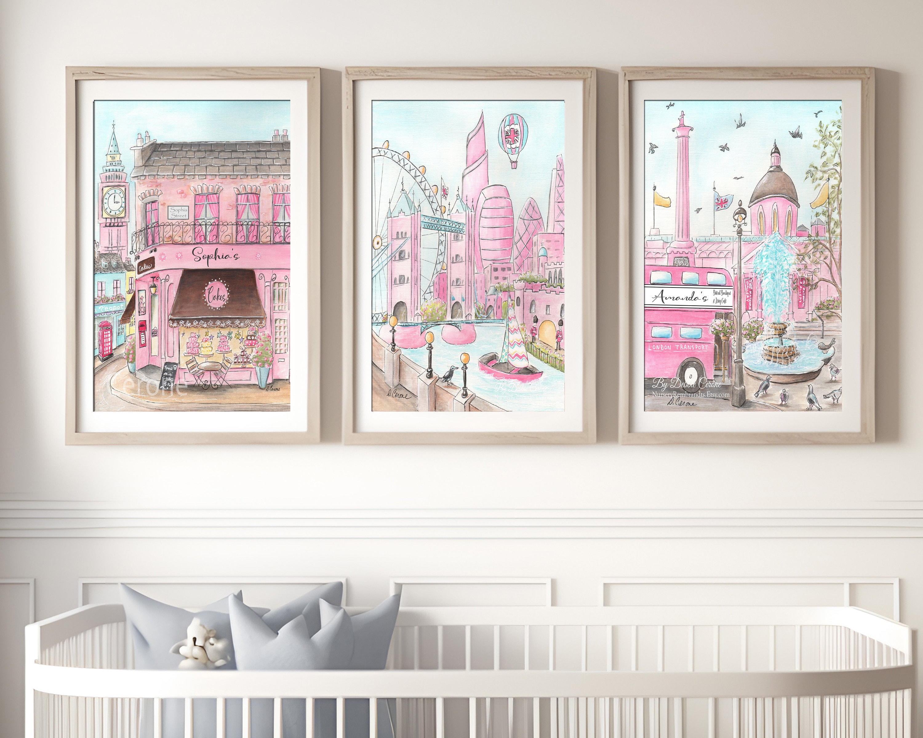Personalized London Prints For Girls Bedroom, Set of 3, London Gift, Travel Themed Girl Baby Shower Gift, Peggy Porschen, Skyline Big Ben