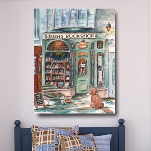 May include: A watercolor painting of a bookstore with a green door and a sign that reads "Jason's Bookshop". A brown dog sits outside the shop, looking at the door.
