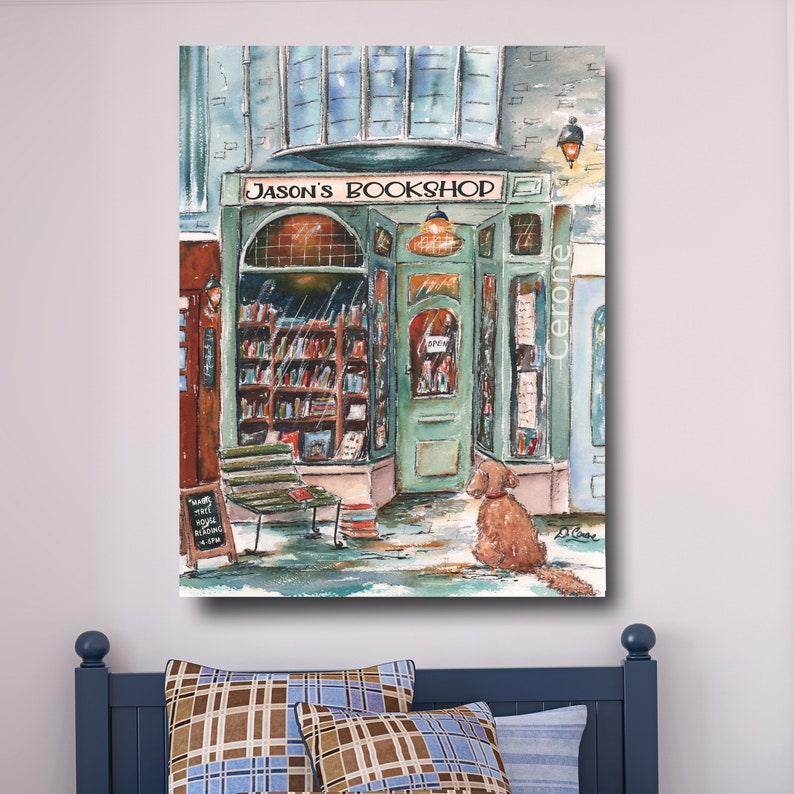 May include: A watercolor painting of a bookstore with a green door and a sign that reads "Jason's Bookshop". A brown dog sits outside the shop, looking at the door.