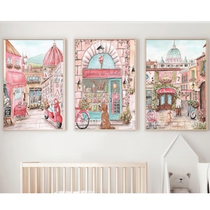 Láminas italianas personalizadas para habitación infantil, habitación de niña ruborizada, acuarela de Florencia, Italia, pintura de Roma, impresión de helado, regalo de baby shower con temática de viajes
