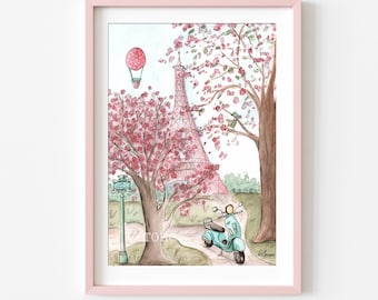 Pink Paris Decor, Eiffel Tower Watercolor, Fine Art Giclee Print, French Themed Tween Bedroom or Nursery, 5x7 to 24x36", Printed & Shipped