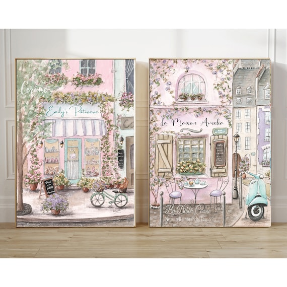 Paris Cafe Art, French Patisserie Print, Pastel Nursery Wall Art, Personalized Prints For Girls Room, Toddler Girl Gift, 2 Parisian Prints