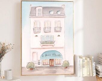 Buchliebhaberin-Kunst, personalisierte Leseecke-Deko, Geschenk zur Babyparty mit Buchmotiv, Aquarellgemälde einer Buchhandlung in Pastellrosa, verspielt-minimalistisch