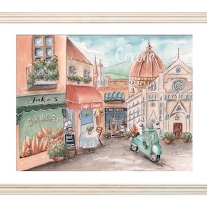 May include: Watercolor painting of a street scene in a European city. The scene features a bakery called "Jake's Bakery", a cafe called "Cafe Leone", a chocolate shop called "Cioccolato", and a church with a dome. A green scooter is parked in the street.
