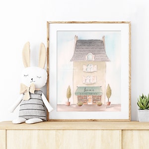 Bookshop Watercolor, Personalized Gift For Baby Boy, Gender Neutral Nursery Print, Sage Green Nursery Decor, Whimsical Childrens Wall Art