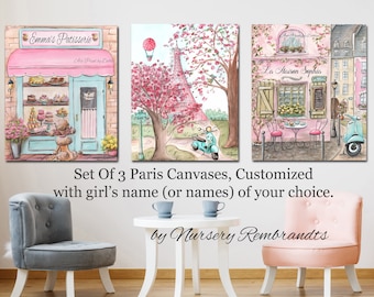 Paris Canvas Set Of 3, Personalized Baby Name Wall Art, Travel Theme Nursery, Cafe, Eiffel Tower, French Patisserie, Laduree, Pink and Teal