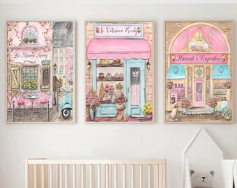 Pink Play Kitchen Wall Art, Personalized Watercolors For Toddler Girl Playroom, French Bakery Poster, Cupcake Decor, Personalized Kids Art