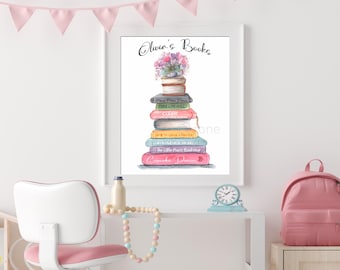 Personalized Book Stack & Flowers Canvas, Favorite Title Book Spine Poster, Girls Custom Name Reading Corner Watercolor, Nursery Book Nook