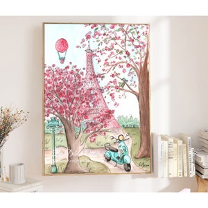 Eiffel Tower Giclee Print, Vespa Scooter, Paris Bedroom Decor, Cherry Blossom Tree, Cute Watercolor For Parisian Nursery, 5x7 to 24x36&quot;