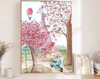Pink Paris Eiffel Tower Wall Art, French Nursery Print, Baby Girl Bedroom Decor, Paris Watercolor, Toddler Girl Gift, Cherry Blossoms, Vespa