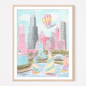 Personalized Chicago Skyline Print, Baby Girl Gift, Chicago Watercolor Poster Painting For Tween Girls Room, Travel Themed Nursery Decor