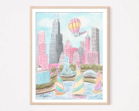 Personalized Chicago Skyline Print, Baby Girl Gift, Chicago Watercolor Poster Painting For Tween Girls Room, Travel Themed Nursery Decor