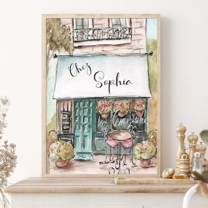 Paris Cafe Wall Art, Personalized Print For Girls Room, Travel Theme Gift, Teal Blue Kitchen Poster, Cute Flower Watercolor, Blush Pink