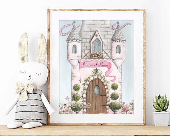 Princess Castle Art Print, Fairytale Wall Art, Cute Castle Watercolor, Princess Wall Art, Enchanted Garden Decor, Personalized Birthday Gift
