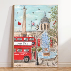 Red London Bus Print, Personalized London Gift For Boy, Nursery Wall Art, Travel Themed Bedroom Decor,  Double Decker Bus, Londoner Gift